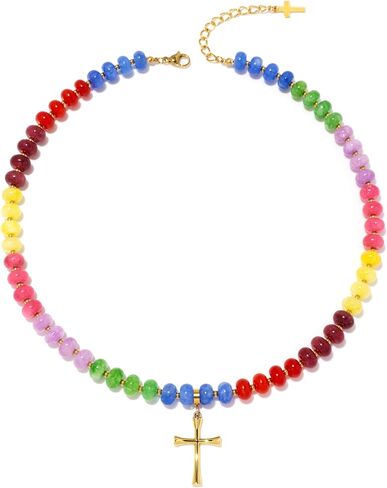 Gold Cross Necklace for Women, Gemstone Beaded Boho Beach Summer Choker, 18K Gold Plated Detachable Cross Pendant, Christian Faith Jewelry for Friend, Mom, Daughter, Sister, Stainless Steel, Gift Ready in Saudi Arabia