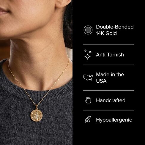 Cross+Crown Premium 14K Yellow Gold Virgin Mary Medal for Women & Men, Shiny Finish, Durable Double-Bonded 14K Yellow Gold Virgin Mary Pendant for Necklace, Women & Mens Gold Virgin Mary Medal, Handcrafted Religious Jewelry in the USA, 0.75" in Saudi Arabia