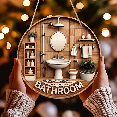 Welcome Round Hanging Sign with Modern Bathroom - Indoor/Outdoor Decoration for Spring, Home, Garden, Fence. Gift Choice: Christmas, Birthday, Anniversary, Celebrations in Kuwait