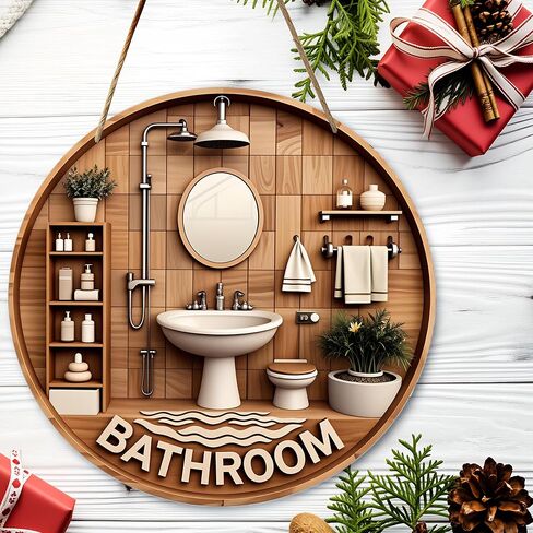 Welcome Round Hanging Sign with Modern Bathroom - Indoor/Outdoor Decoration for Spring, Home, Garden, Fence. Gift Choice: Christmas, Birthday, Anniversary, Celebrations in Kuwait