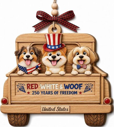 250th Anniversary USA Ornament – 2 Layers Wooden Decoration – ‘Red White & Woof 250 Years of Freedom’, USA 250th Anniversary Merchandise for Independence Day 4th of July in Saudi Arabia