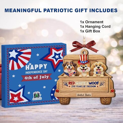 250th Anniversary USA Ornament – 2 Layers Wooden Decoration – ‘Red White & Woof 250 Years of Freedom’, USA 250th Anniversary Merchandise for Independence Day 4th of July in Saudi Arabia