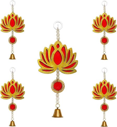 Decorative Hanging Lotus Bell Toran – Traditional Wall Door Hanging with Beads and Bell – Pack of 5 – Ideal for Festival, Pooja Room, Home Decor & Gifting (Red) in Saudi Arabia
