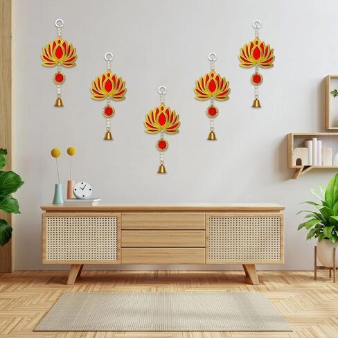 Decorative Hanging Lotus Bell Toran – Traditional Wall Door Hanging with Beads and Bell – Pack of 5 – Ideal for Festival, Pooja Room, Home Decor & Gifting (Red) in Saudi Arabia