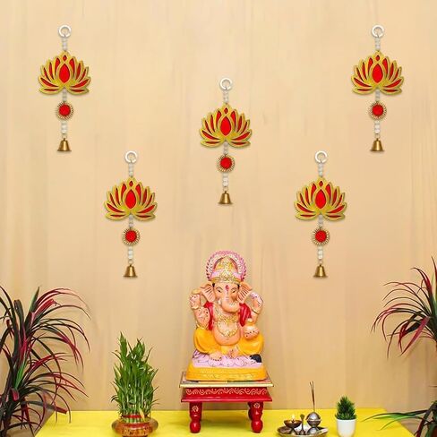 Decorative Hanging Lotus Bell Toran – Traditional Wall Door Hanging with Beads and Bell – Pack of 5 – Ideal for Festival, Pooja Room, Home Decor & Gifting (Red) in Saudi Arabia