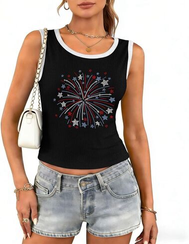 4th of July Tank Tops for Women Patriotic Sleeveless Ribbed Shirts Independence Day Bling Tops in Saudi Arabia