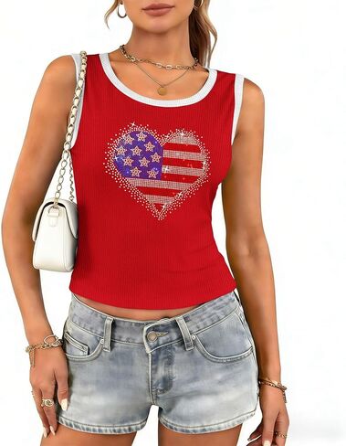 4th of July Tank Tops for Women Patriotic Sleeveless Ribbed Shirts Independence Day Bling Tops in Kuwait