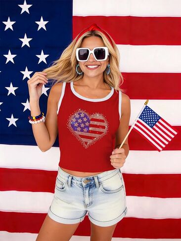 4th of July Tank Tops for Women Patriotic Sleeveless Ribbed Shirts Independence Day Bling Tops in Kuwait