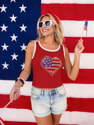4th of July Tank Tops for Women Patriotic Sleeveless Ribbed Shirts Independence Day Bling Tops in Kuwait