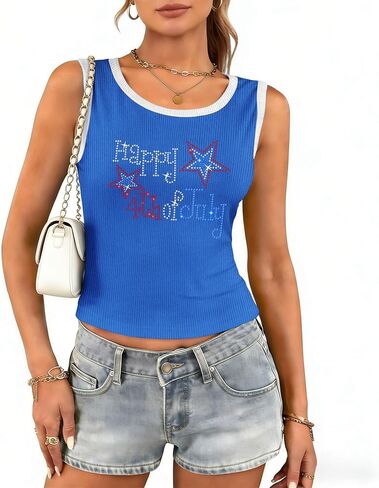 4th of July Tank Tops for Women Patriotic Sleeveless Ribbed Shirts Independence Day Bling Tops in Kuwait