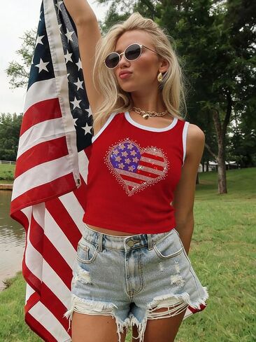 4th of July Tank Tops for Women Patriotic Sleeveless Ribbed Shirts Independence Day Bling Tops in Kuwait