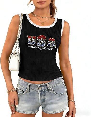 4th of July Tank Tops for Women Patriotic Sleeveless Ribbed Shirts Independence Day Bling Tops in Kuwait