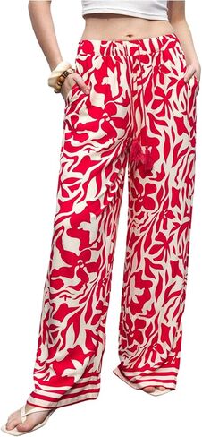 OYOANGLE Women's Wide Leg Boho Graphic Pants Tassel Drawstring Waist Trousers with Pockets in Kuwait