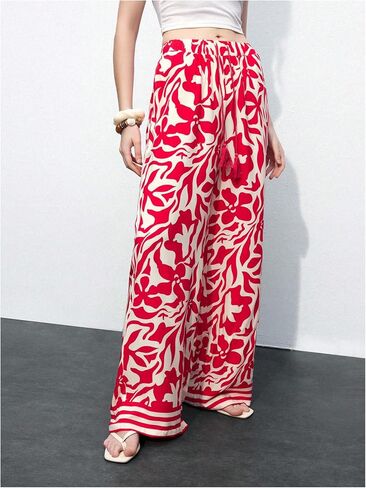 OYOANGLE Women's Wide Leg Boho Graphic Pants Tassel Drawstring Waist Trousers with Pockets in Kuwait