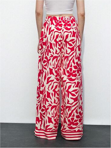 OYOANGLE Women's Wide Leg Boho Graphic Pants Tassel Drawstring Waist Trousers with Pockets in Kuwait