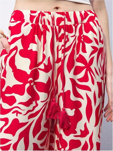 OYOANGLE Women's Wide Leg Boho Graphic Pants Tassel Drawstring Waist Trousers with Pockets in Kuwait