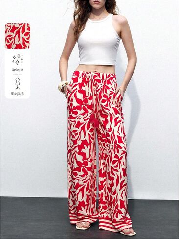 OYOANGLE Women's Wide Leg Boho Graphic Pants Tassel Drawstring Waist Trousers with Pockets in Kuwait
