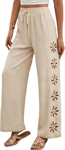 Womens 2026 Beach Pants Summer Boho Floral Cutout Wide Leg Pants Drawstring Elastic Waist Casual Trousers in Saudi Arabia