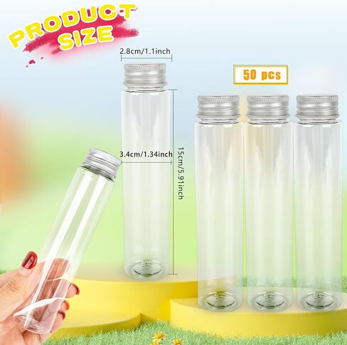 50 pcs أنبوب اختبار بلاستيكي مع غطاء المسمار 110 مل أنابيب اختبار واضحة مع غطاء أنبوب حلوى شفاف مسطح قاعها لحفلة حفل زفاف حفل زفاف Gumball Candy Storage in Kuwait
