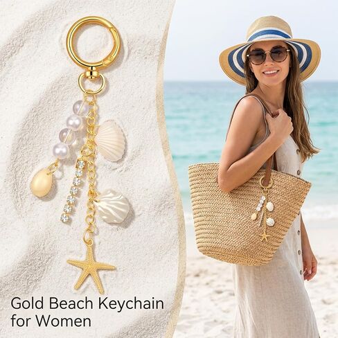 Gold Beach Keychain, Starfish Pearl Seashell Bag Charm, Purse Charm, Summer Travel Gift For Women, Novelty Keychain in Saudi Arabia