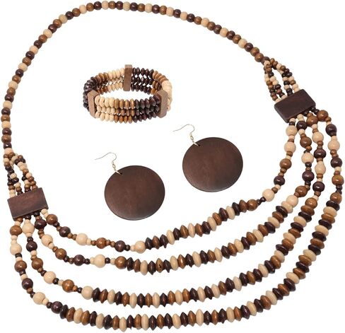 yueton Boho Wood Bead Jewelry Set - Multi-Layer Brown and Beige Beaded Necklace, Stretch Bracelet, Large Drop Earrings for Women in Kuwait