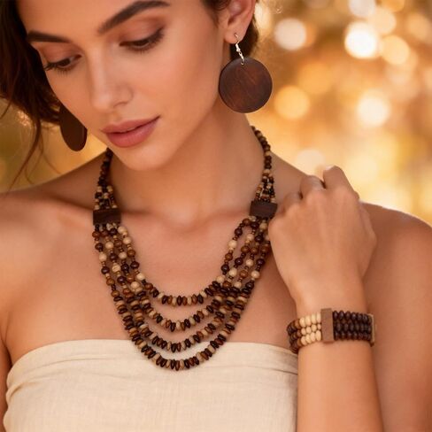 yueton Boho Wood Bead Jewelry Set - Multi-Layer Brown and Beige Beaded Necklace, Stretch Bracelet, Large Drop Earrings for Women in Kuwait