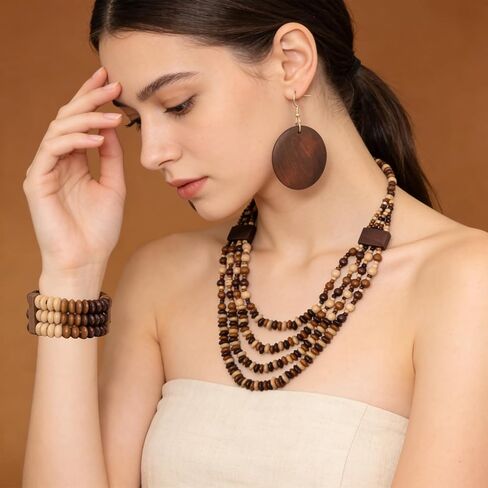 yueton Boho Wood Bead Jewelry Set - Multi-Layer Brown and Beige Beaded Necklace, Stretch Bracelet, Large Drop Earrings for Women in Kuwait