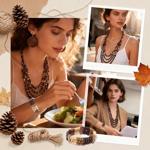yueton Boho Wood Bead Jewelry Set - Multi-Layer Brown and Beige Beaded Necklace, Stretch Bracelet, Large Drop Earrings for Women in Kuwait