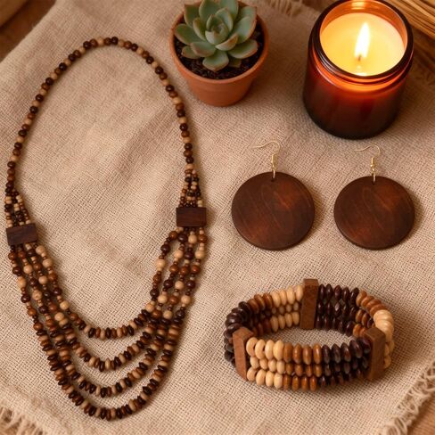 yueton Boho Wood Bead Jewelry Set - Multi-Layer Brown and Beige Beaded Necklace, Stretch Bracelet, Large Drop Earrings for Women in Kuwait