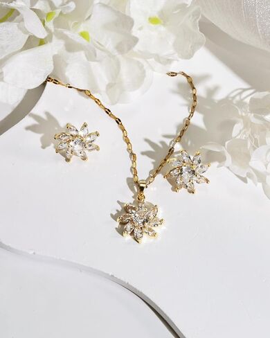 14K Gold Plated Flower Necklace and Earring Set for Women Elegant Jewelry Set with Cubic Zirconia for Women Party and Wedding Wear in Kuwait