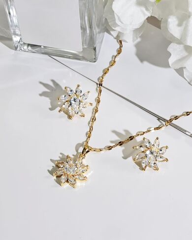 14K Gold Plated Flower Necklace and Earring Set for Women Elegant Jewelry Set with Cubic Zirconia for Women Party and Wedding Wear in Kuwait
