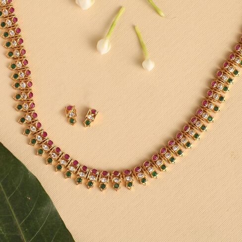 TARINIKA Manju Nakshatra CZ Necklace Set - Matte Gold Plated Indian Ethnic Jewelry with White, Red & Green Cubic Zirconia Stones for Women in Kuwait