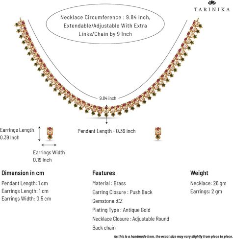 TARINIKA Manju Nakshatra CZ Necklace Set - Matte Gold Plated Indian Ethnic Jewelry with White, Red & Green Cubic Zirconia Stones for Women in Kuwait