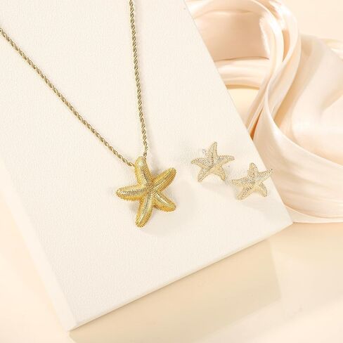 Mikovivi Starfish Necklace & Earrings, 18K Gold Plated Stylish Summer Beach Charm Necklace and Gold Starfish Earrings Delicate Summer Jewelry for Women Friend Wife Gift in Kuwait