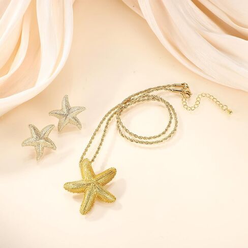 Mikovivi Starfish Necklace & Earrings, 18K Gold Plated Stylish Summer Beach Charm Necklace and Gold Starfish Earrings Delicate Summer Jewelry for Women Friend Wife Gift in Kuwait