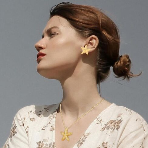 Mikovivi Starfish Necklace & Earrings, 18K Gold Plated Stylish Summer Beach Charm Necklace and Gold Starfish Earrings Delicate Summer Jewelry for Women Friend Wife Gift in Kuwait