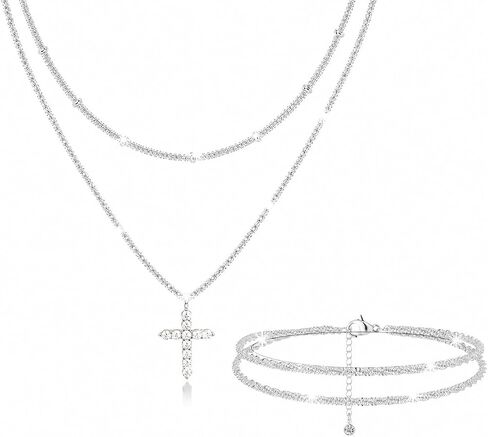 Yuoos Sparkly Silver Necklace Bracelets for Women Rhinestone Cross Pendent Necklace Sparkly Chain Stackable Layered Necklace Bracelets for Women Beach Jewelry Gift in Saudi Arabia