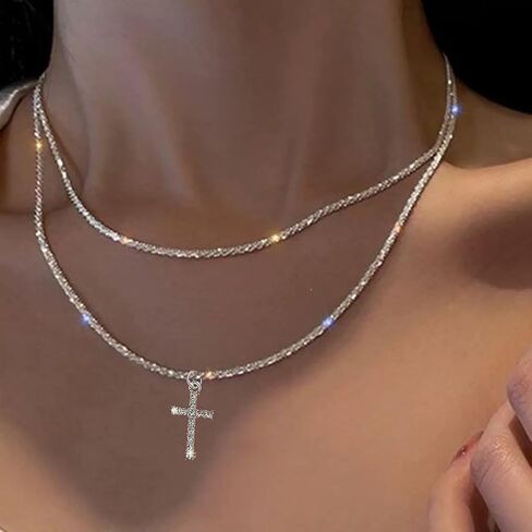 Yuoos Sparkly Silver Necklace Bracelets for Women Rhinestone Cross Pendent Necklace Sparkly Chain Stackable Layered Necklace Bracelets for Women Beach Jewelry Gift in Saudi Arabia