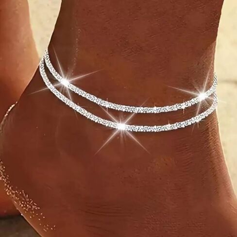 Yuoos Sparkly Silver Necklace Bracelets for Women Rhinestone Cross Pendent Necklace Sparkly Chain Stackable Layered Necklace Bracelets for Women Beach Jewelry Gift in Saudi Arabia