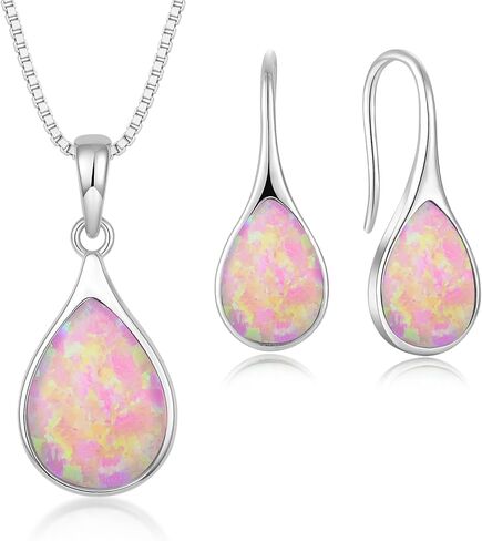 Women's Pink Opal Earring and Necklace Set - 925 Sterling Silver October Birthstone Teardrop Opal Gemstone Jewelry Set for Wedding Prom Anniversary Birthday Gifts in Saudi Arabia