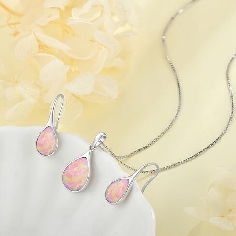 Women's Pink Opal Earring and Necklace Set - 925 Sterling Silver October Birthstone Teardrop Opal Gemstone Jewelry Set for Wedding Prom Anniversary Birthday Gifts in Saudi Arabia