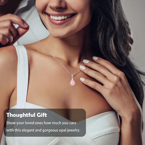 Women's Pink Opal Earring and Necklace Set - 925 Sterling Silver October Birthstone Teardrop Opal Gemstone Jewelry Set for Wedding Prom Anniversary Birthday Gifts in Saudi Arabia