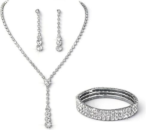Silver Zircon Necklace Bracelet Earring Set for Women,Layered Sparkling Rhinestone Tennis Bracelet,Charm Wedding Bride Bridesmaid Jewelry Accessories in Saudi Arabia