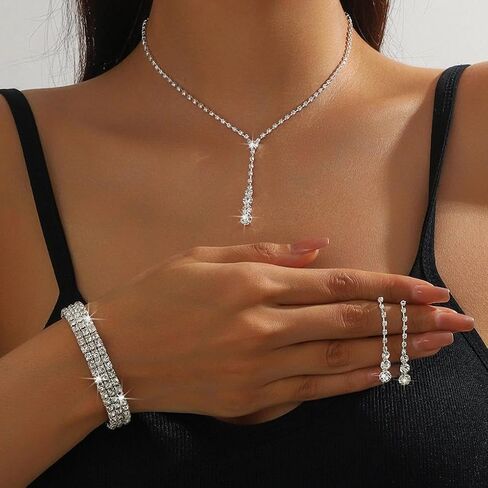 Silver Zircon Necklace Bracelet Earring Set for Women,Layered Sparkling Rhinestone Tennis Bracelet,Charm Wedding Bride Bridesmaid Jewelry Accessories in Saudi Arabia