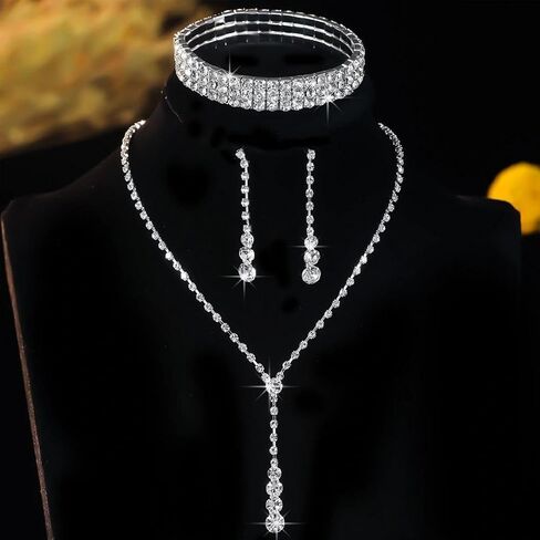 Silver Zircon Necklace Bracelet Earring Set for Women,Layered Sparkling Rhinestone Tennis Bracelet,Charm Wedding Bride Bridesmaid Jewelry Accessories in Saudi Arabia