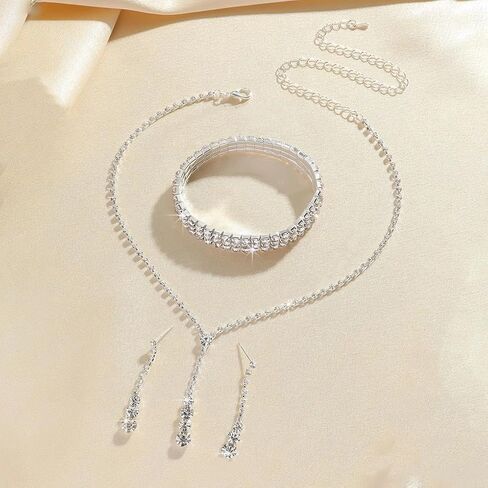 Silver Zircon Necklace Bracelet Earring Set for Women,Layered Sparkling Rhinestone Tennis Bracelet,Charm Wedding Bride Bridesmaid Jewelry Accessories in Saudi Arabia