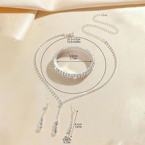 Silver Zircon Necklace Bracelet Earring Set for Women,Layered Sparkling Rhinestone Tennis Bracelet,Charm Wedding Bride Bridesmaid Jewelry Accessories in Saudi Arabia