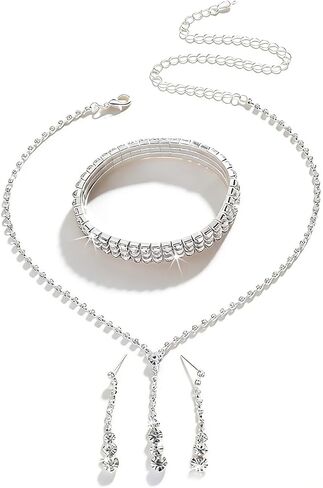 Silver Zircon Necklace Bracelet Earring Set for Women,Layered Sparkling Rhinestone Tennis Bracelet,Charm Wedding Bride Bridesmaid Jewelry Accessories in Saudi Arabia