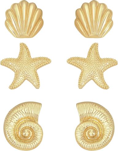 Gold Seashell Starfish Spiral Shell Stud Earrings Set - 3 Pairs Hypoallergenic 14K Gold Plated Ocean Beach Earrings for Women, Cute Summer Coastal Themed Jewelry Gift in Saudi Arabia