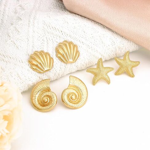 Gold Seashell Starfish Spiral Shell Stud Earrings Set - 3 Pairs Hypoallergenic 14K Gold Plated Ocean Beach Earrings for Women, Cute Summer Coastal Themed Jewelry Gift in Saudi Arabia